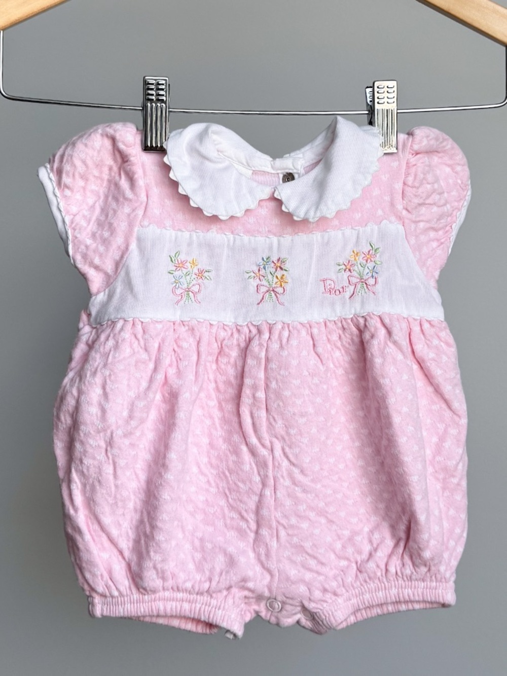 Vtg Baby Dior Pink Textured Smocked Bubble Romper 6M 80s USA